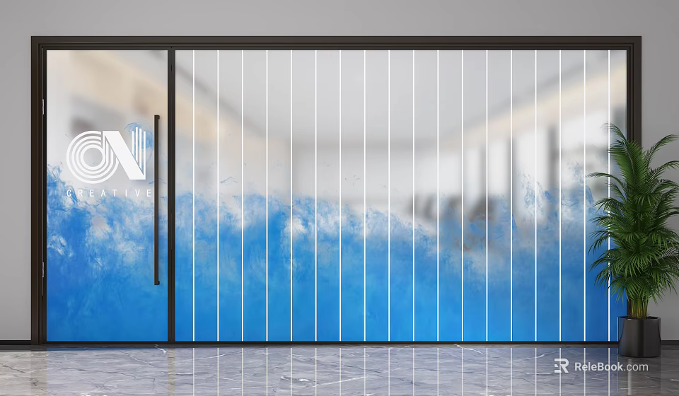 Modern Glass Partition With Vertical Stripes And Blue Wave Pattern Design 3d model 
