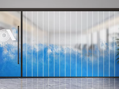 Modern Glass Partition With Vertical Stripes And Blue Wave Pattern Design 3d model