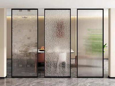 Three Textured Glass Room Dividers In Modern Interior With Dining Table And Plant 3d model