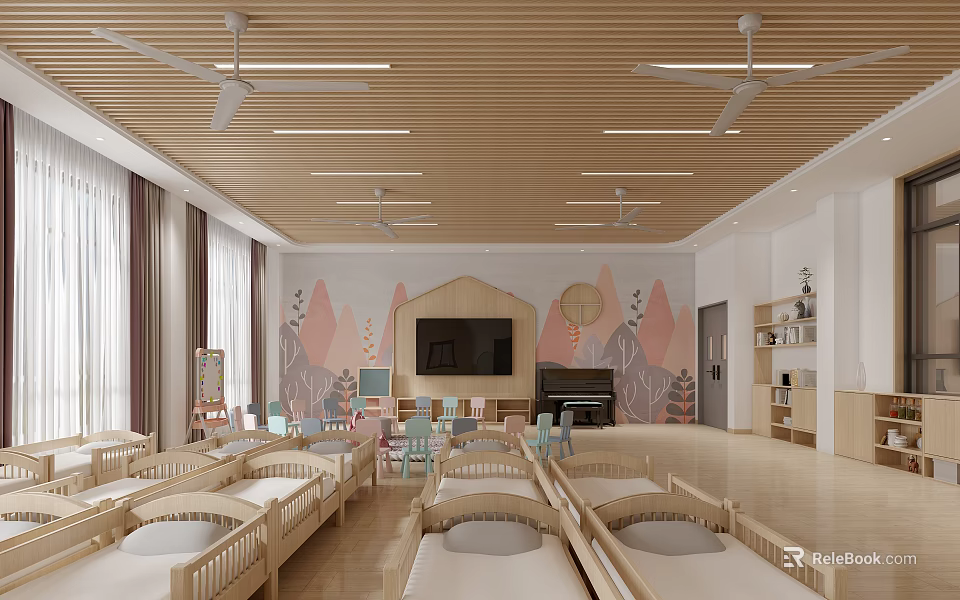 Bright Kindergarten Room With Wooden Cribs Colorful Wall Murals TV Ceiling Fans Bookshelves Toy Shelves 3d model 