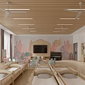 Bright Kindergarten Room With Wooden Cribs Colorful Wall Murals TV Ceiling Fans Bookshelves Toy Shelves