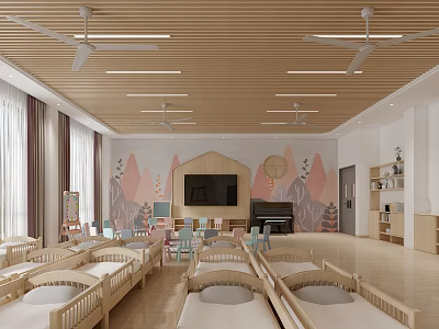 Bright Kindergarten Room With Wooden Cribs Colorful Wall Murals TV Ceiling Fans Bookshelves Toy Shelves 3d model