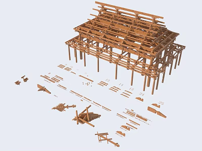 Traditional Timber Structure Building Components And Assembly 3d model