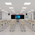 School Modern Classroom Featuring Neat Desks Chairs Front Screen Wall Motto Windows Ceiling Lights 3d model