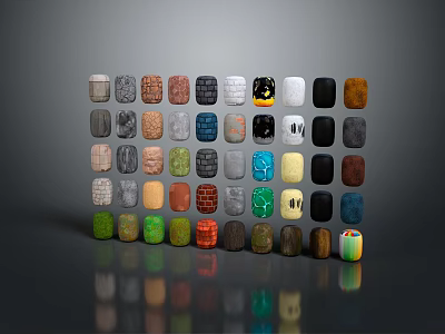Various Colored Textured Material Samples Arranged in Rows on Dark Reflective Surface 3d model