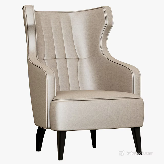 Beige Leather Wingback Single Sofa With Tufted Details And Black Legs 3d model