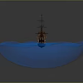 Antique Brown Sailing Ship Model On Blue Water Base With Multiple Masts And Detailed Design