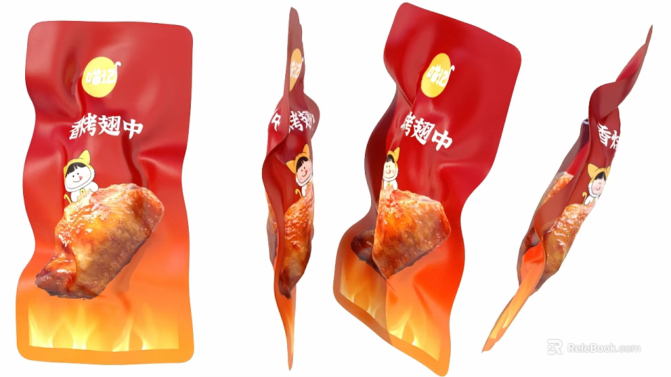 Grilled Chicken Mid Wings Red Packaged Snack With Flame Design And Cartoon 3d model 