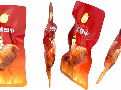 Grilled Chicken Mid Wings Red Packaged Snack With Flame Design And Cartoon 3d model