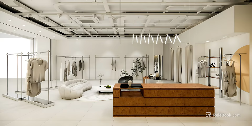 Modern Clothing Store Interior With Clothing Racks Sofa Wooden Reception Desk And Indoor Plant 3d model 