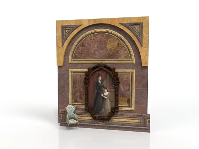 Classic Architectural Wall Decoration with Arched Marble Frame Portrait Painting and Vintage Chair 3d model