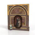 Classic Architectural Wall Decoration with Arched Marble Frame Portrait Painting and Vintage Chair