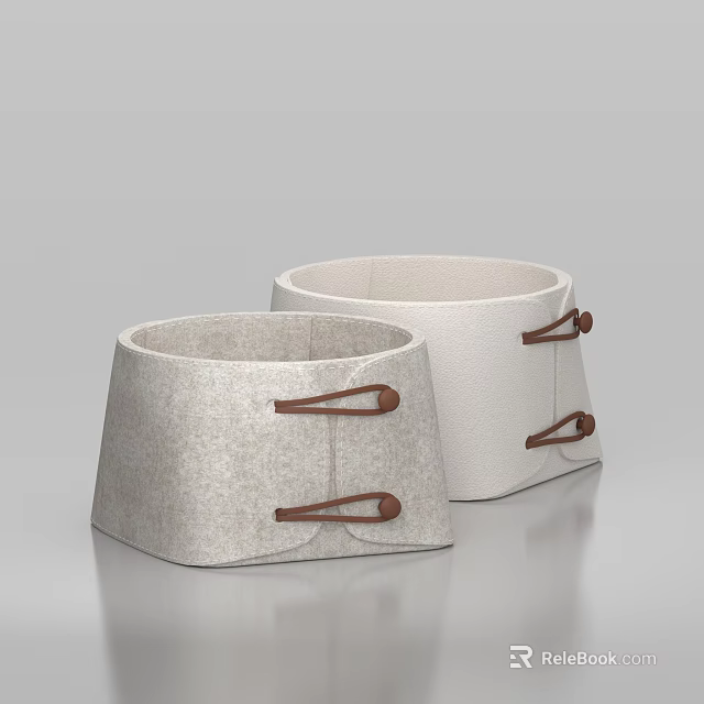 Light Gray Felt Storage Baskets With Brown Leather Handles For Home Organizing 3d model 