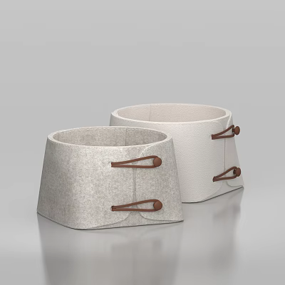 Light Gray Felt Storage Baskets With Brown Leather Handles For Home Organizing 3d model