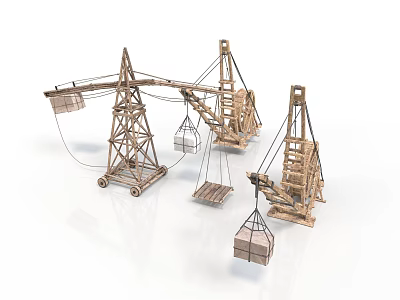Wooden Crane Equipment Models With Hanging Boxes On White Background 3d model