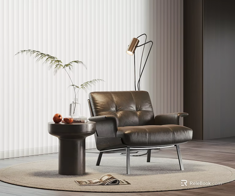 Leather Single Sofa In Modern Living Room With Round Side Table And Floor Lamp 3d model 