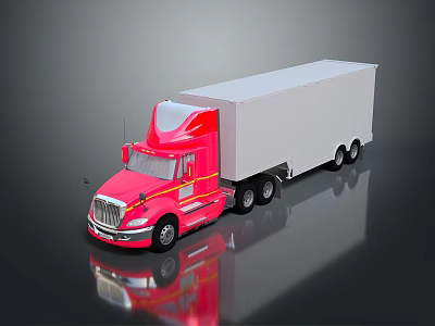 Red Semi Truck With White Cargo Trailer On Reflective Surface 3d model