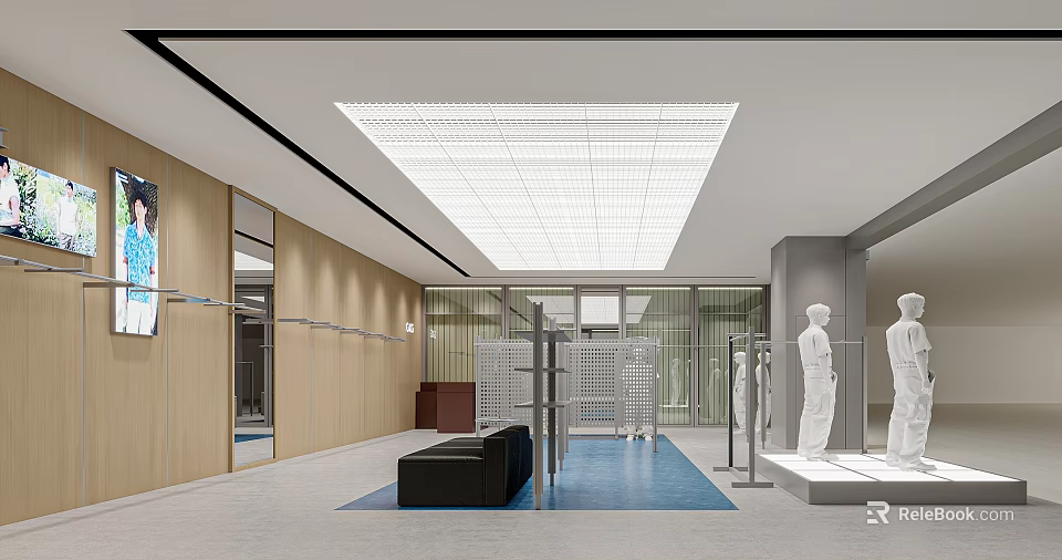 Modern Clothing Store Open Layout With Wooden Walls Fitting Rooms Mannequins Sofa And Blue Carpet 3d model 