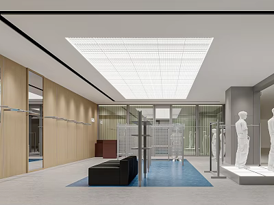 Modern Clothing Store Open Layout With Wooden Walls Fitting Rooms Mannequins Sofa And Blue Carpet 3d model