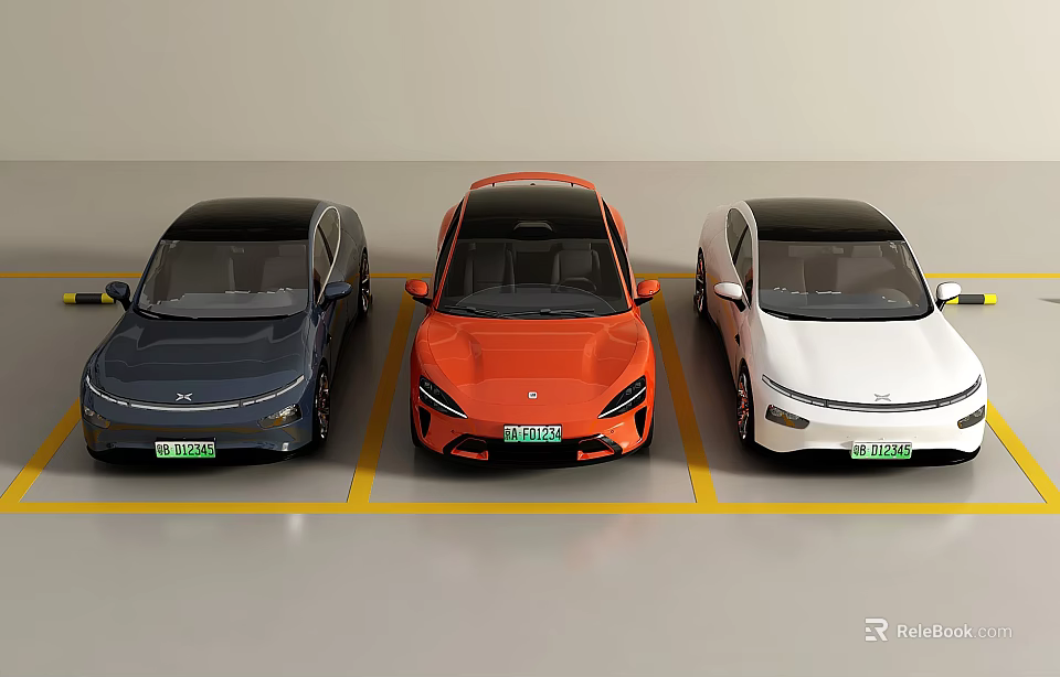 Three Electric Cars In Blue Orange White Colors Parked In Parking Lot 3d model 