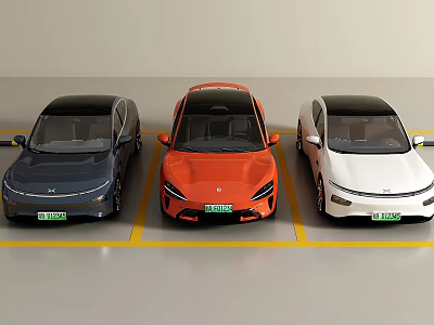Three Electric Cars In Blue Orange White Colors Parked In Parking Lot 3d model