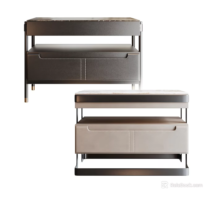 Modern Bedside Tables With Leather Drawers And Metal Frame In Gray Tones 3d model 