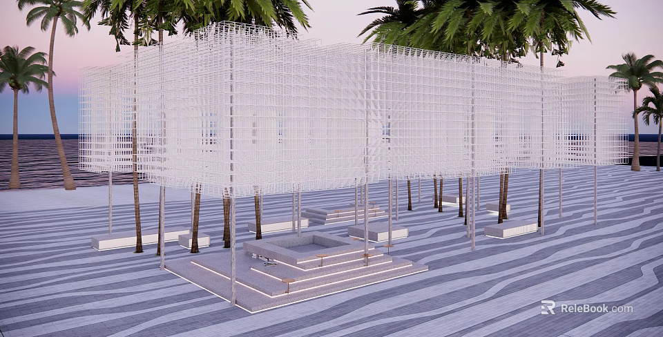 Modern Landscape Seating With Transparent Grid Structure And Trees On Striped Pavement 3d model