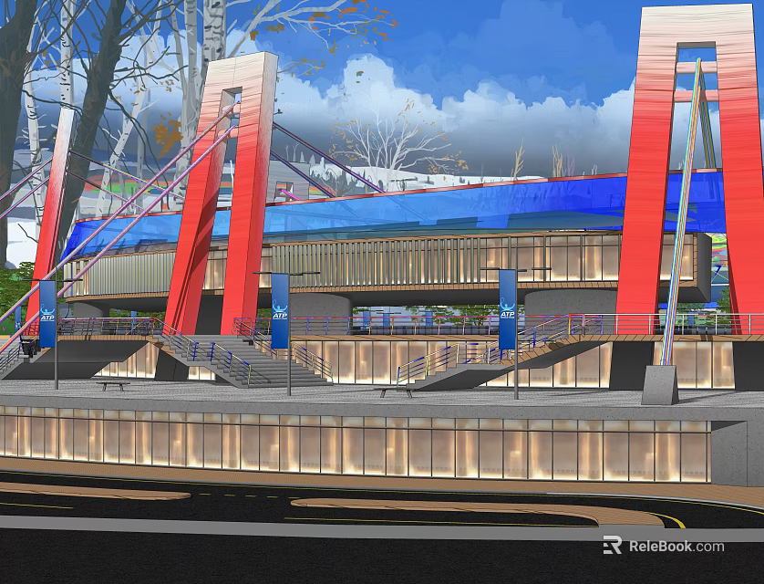 Modern Building With Red Arches Blue Roof Glass Curtain Walls And Surrounding Trees 3d model 