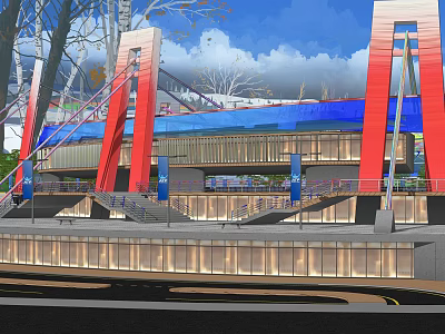 Modern Building With Red Arches Blue Roof Glass Curtain Walls And Surrounding Trees 3d model