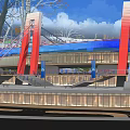Modern Building With Red Arches Blue Roof Glass Curtain Walls And Surrounding Trees