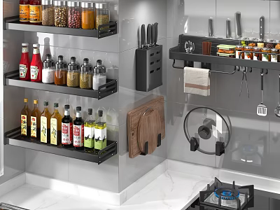 Modern Kitchen Cabinets With Spice Bottles Knives And Hanging Utensils Storage 3d model