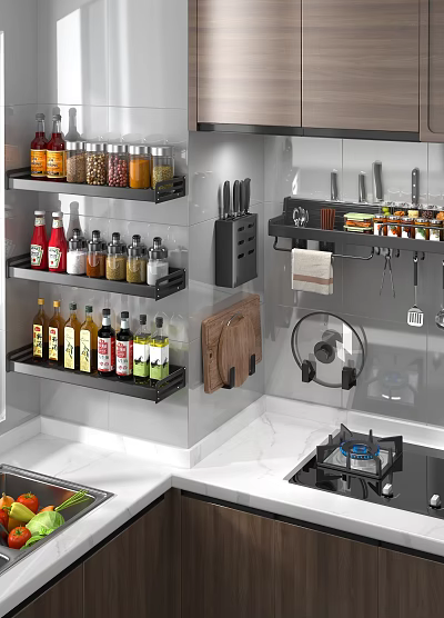 Modern Kitchen Cabinets With Spice Bottles Knives And Hanging Utensils Storage 3d model