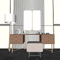 Modern Wooden Dressing Table With Mirror Lamp And Stool In Minimalist Interior
