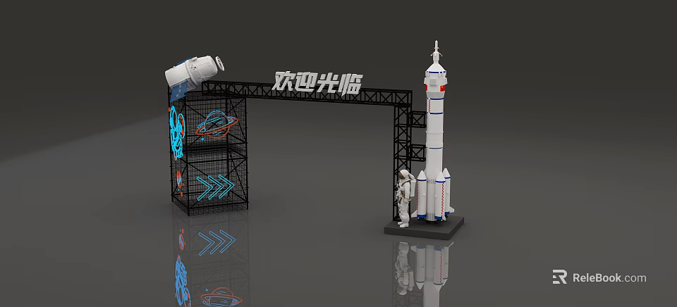 Event Entrance With Welcome Sign Rocket Model Astronaut Figure And Blue Space Themed Patterns 3d model 