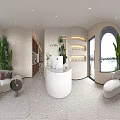 Elegant Beauty Salon Interior With Arched Mirrors White Leather Chairs Wooden Counter And Product Shelves