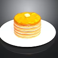 Stacked Pancakes on a White Plate Topped with Yellow Syrup and Butter