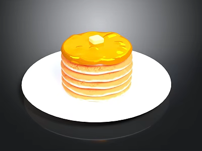 Stacked Pancakes on a White Plate Topped with Yellow Syrup and Butter 3d model