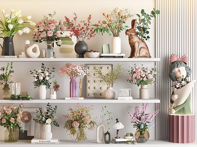 Decorative Shelf Arrangement with Various Flower Vases Colorful Blooms and Rabbit Figurine 3d model