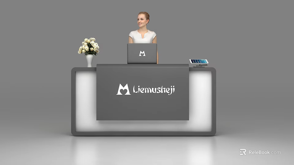 Modern Reception Desk With Laptop Flower Vase Tablet And Liemustej Logo 3d model 