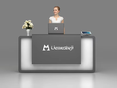 Modern Reception Desk With Laptop Flower Vase Tablet And Liemustej Logo 3d model