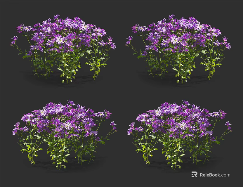 Purple Flowers in Vase with Green Stems Leaves Displayed in Multiple Views on Black Background 3d model 