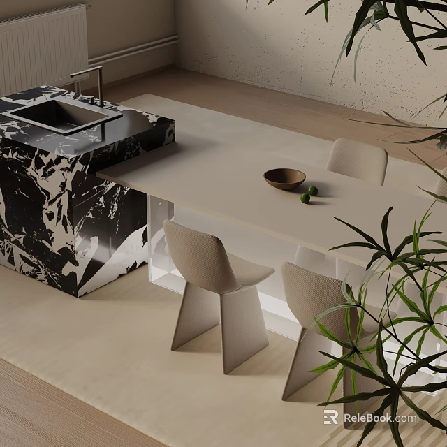 Modern Dining Table Set With Light Colored Chairs Marble Countertop And Potted Plants 3d model 