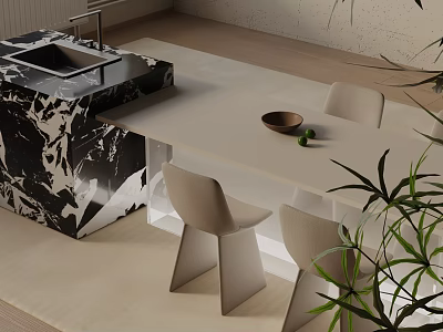 Modern Dining Table Set With Light Colored Chairs Marble Countertop And Potted Plants 3d model