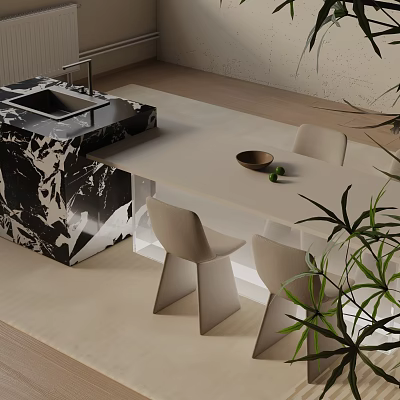Modern Dining Table Set With Light Colored Chairs Marble Countertop And Potted Plants 3d model