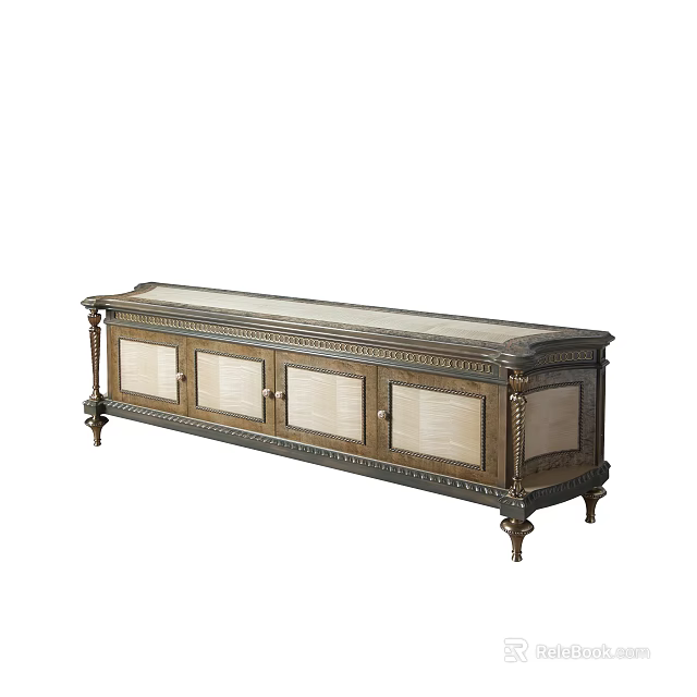 Antique Style TV Stand With Ornate Carvings Decorative Legs And Cabinet Doors 3d model 