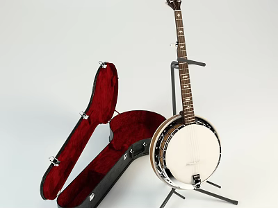 Acoustic Banjo Musical Instrument With Open Black Case Red Interior And Stand 3d model