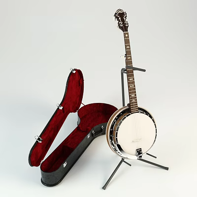 Acoustic Banjo Musical Instrument With Open Black Case Red Interior And Stand 3d model