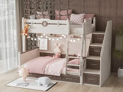 Cozy Kids Bunk Bed With Pink Bedding Ladder Drawers And Bunny Toy 3d model