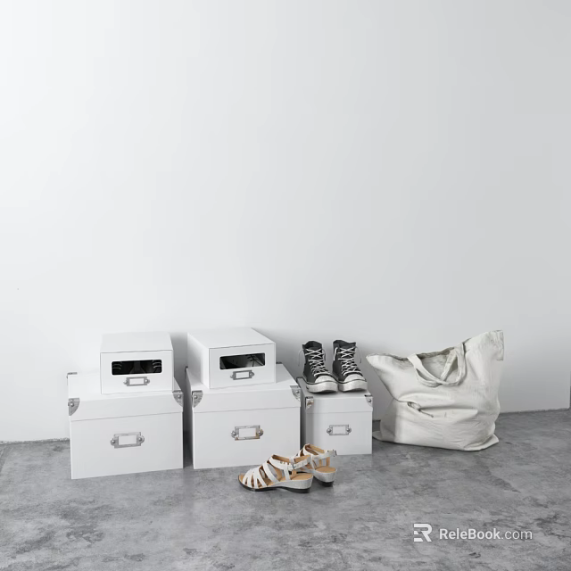 Black and White Shoes and Brown Sandals with White Storage Boxes and White Bag 3d model 