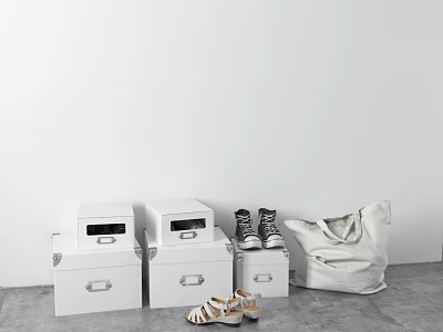 Black and White Shoes and Brown Sandals with White Storage Boxes and White Bag 3d model